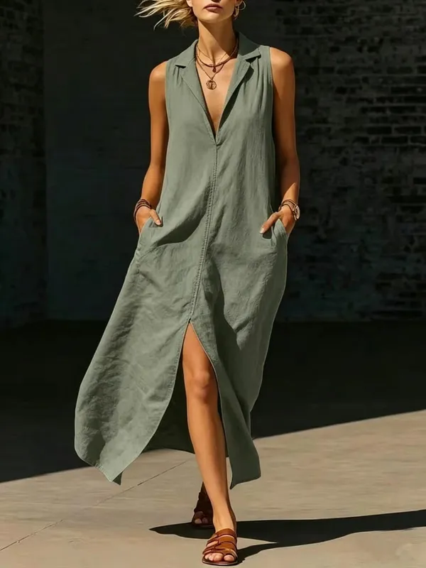 Casual Lapel Loose Sleeveless Maxi Dresses For Women Summer Tank Split Beach Long Dress Solid Colors With Pockets 2026 Sundress