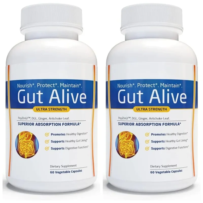 Gut Alive - All Natural Support to Fight IBS Heartburn Acid Indigestion Acid Reflux Bloating & Gas Unique Formulation 60 Count