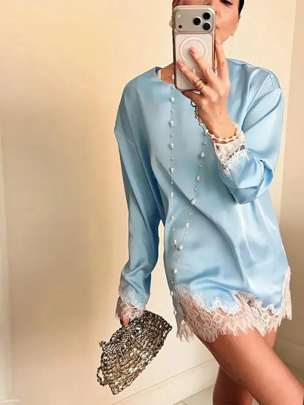 Casual Satin Lace Patchwork Dress Women Long Sleeve O-neck 2026 Spring Female Dresses Casual Solid Beach Robe not contain pearls