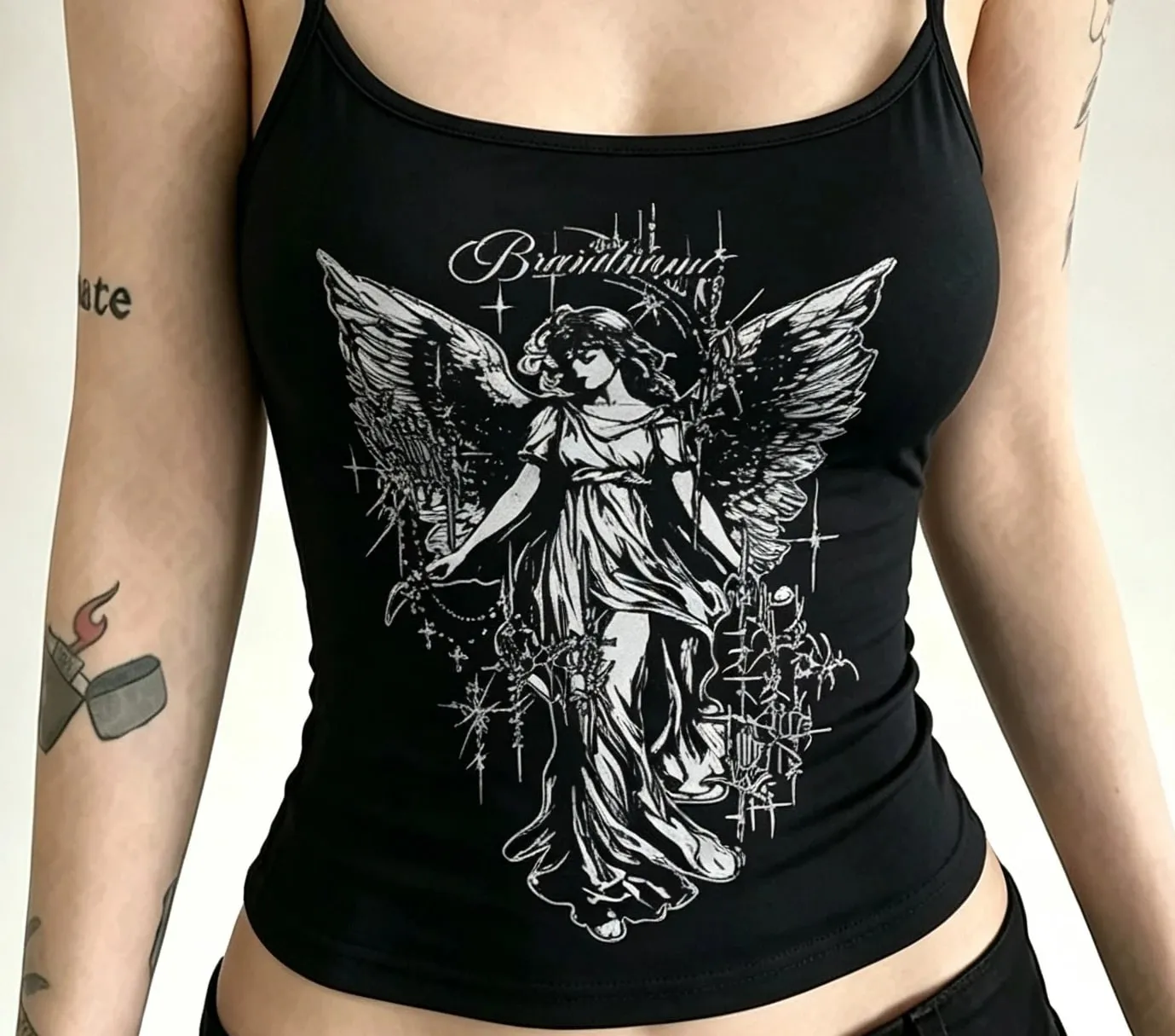 Women Y2K Gothic Spaghetti Strap Cami Tank Top Dark Angel Graphic Print Slim Sleeveless Alt Aesthetic Casual Party Ladies Tops