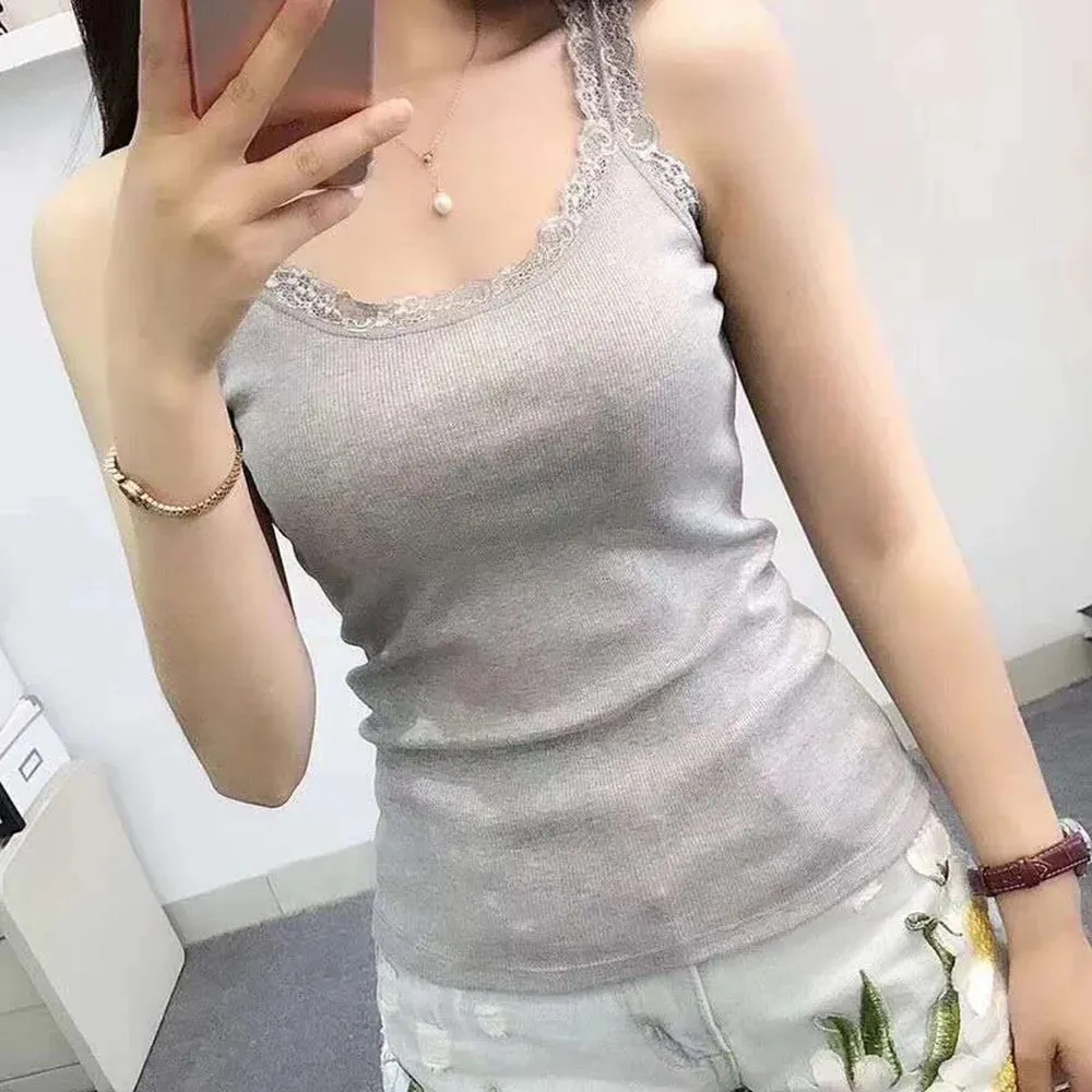 Casual U Neck Summer Tank Tops Slim Underwear Fitted Tops Camisoles Sleeveless Lace Top for Women