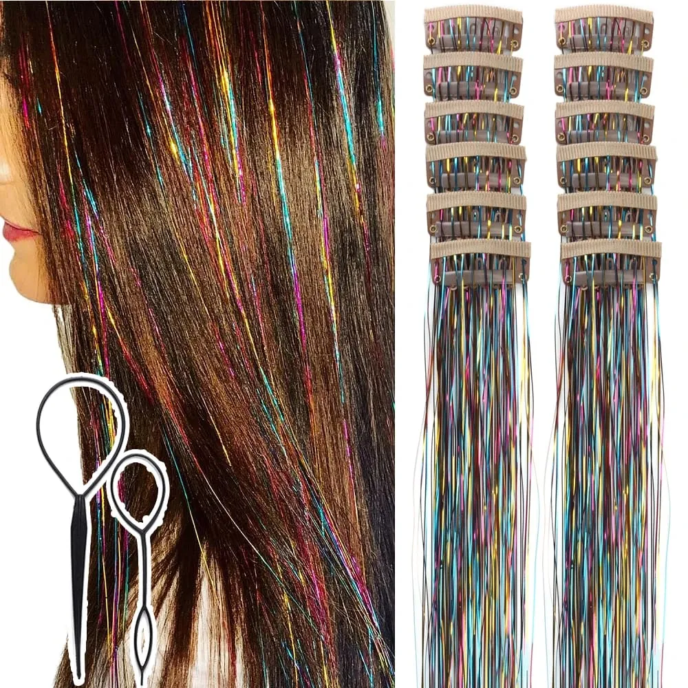 Klip Hiasan Rambut dalam 12 Keping Kit Hiasan Rambut untuk Kanak-kanak Perempuan Klip Aksesori Rambut Kilauan Sintetik 20 inci dalam Sambungan Rambut untuk Wanita
