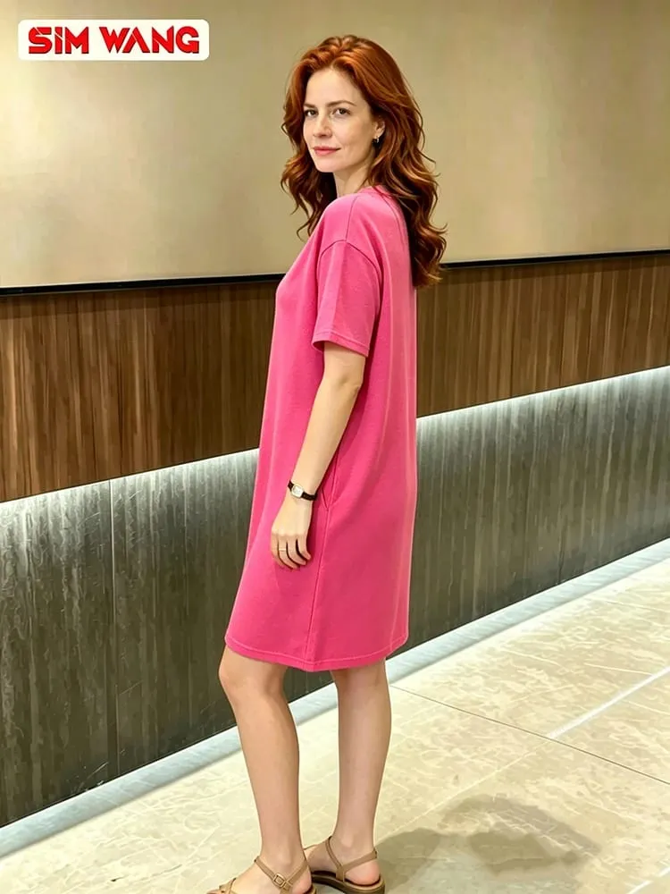 Loose Casual Fuchsia Short-Sleeve Dress European & American Style Women's Summer Apparel for Export