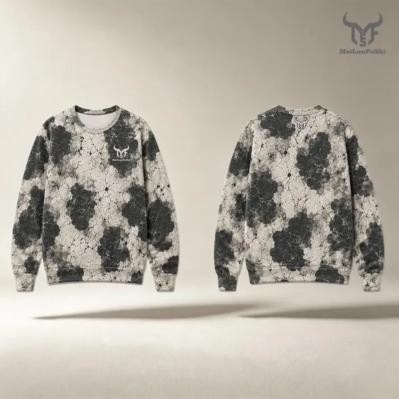 Western-inspired Fossil-print Cow Pattern Sweatshirt Men Vintage All Over Print Pullover Streetwear Unisex Casual Long-sleeved