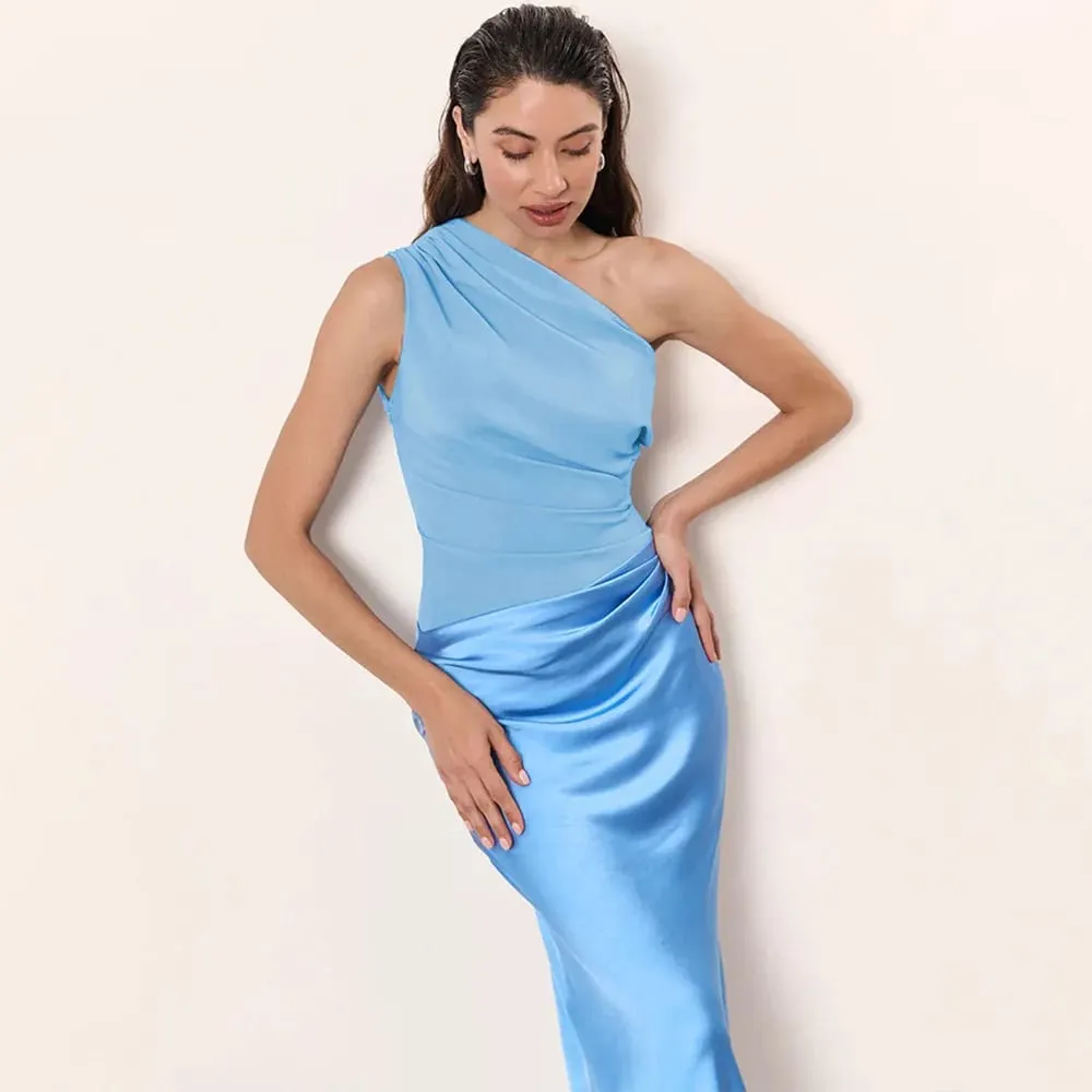 Patchwork Satin Sexy Kleid Frauen Eine Schulter Braun Ärmelloses Abend Maxi Kleid 2025 Neue Sommer Elegante Party Clubwear Kleider