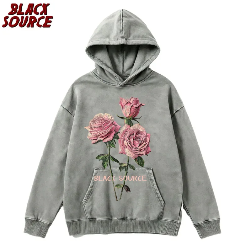 MP630 Hip Hop Men's Streetwear Retro Vintage Washed Anime Graphic Hoodie, Harajuku Casual Pullover Sweatshirt, Rose