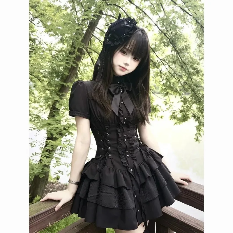 Gotisk vintage blonde Y2k minikjole Dame Design Streetwear Sort Lolita Slank kjole Langærmet Elegant Kjole Krydret piger