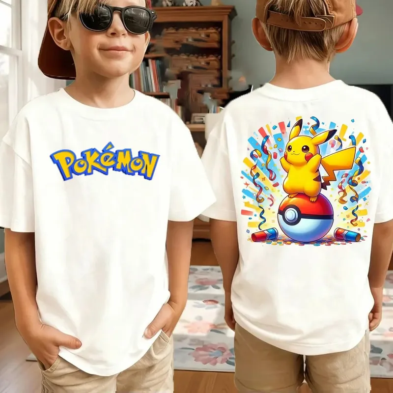 Summer Pokémon AnimeT-shirts Boys Pure Cotton Short-sleeved Top Casual Suitable for Both Boys and Girls Parent-child Outfits.