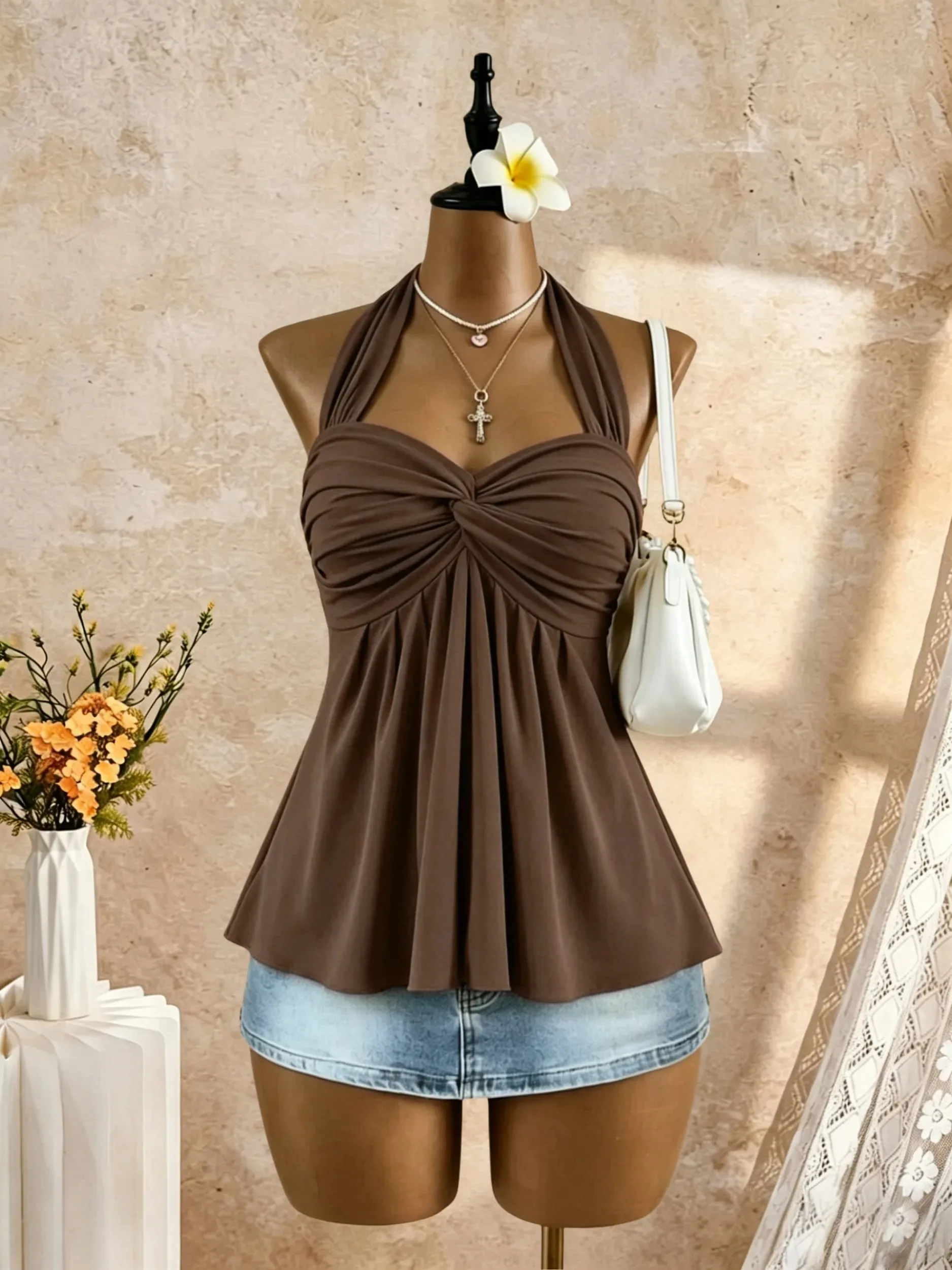 Women Halter Twist Front Sweetheart Neck Flared Peplum Camisole 2026 Summer Y2K Solid White Sleeveless Flowy Beach Vacation Tank