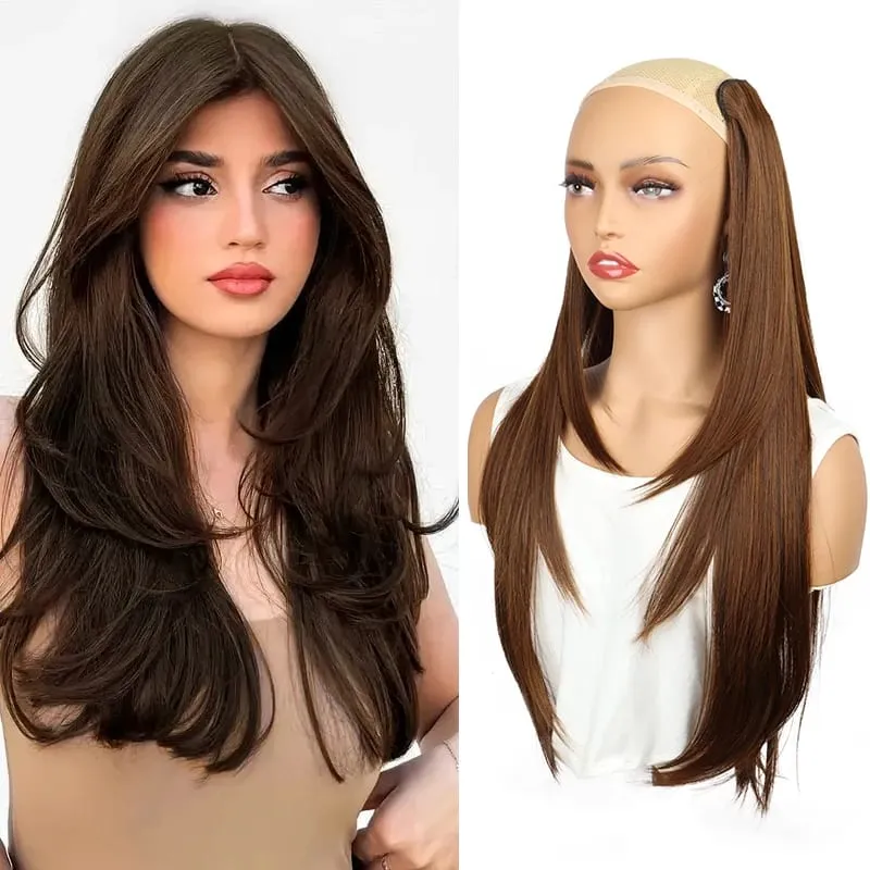 22Inch Synthetic Long Straight V-Shaped Layered Clip-In Hair Extensions for Women Invisible Seamless Hairpiece for Women