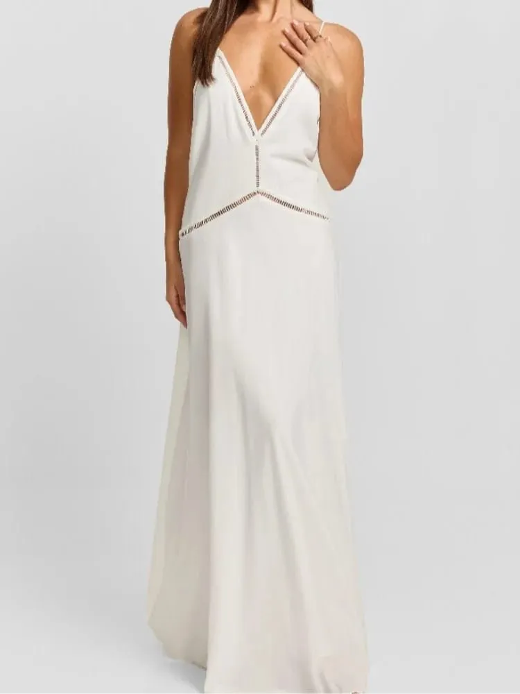 Elegant White Deep V Neck Spaghetti Strap Maxi Dress Women Waist Cutout A-Line Long Dress 2026 Summer Beach Vacation Party Robe