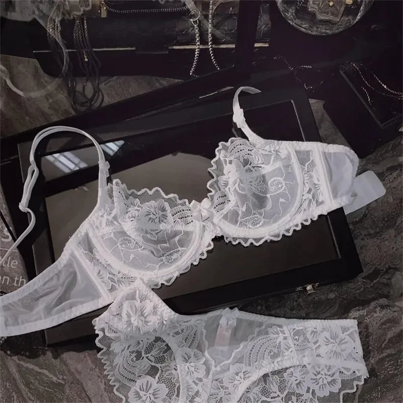 Chic French Ultra-thin Lace Lingerie Set Large Breasts See-through Underwire Bra small Bust Lift Elegant Soft Feminine Set S-xl