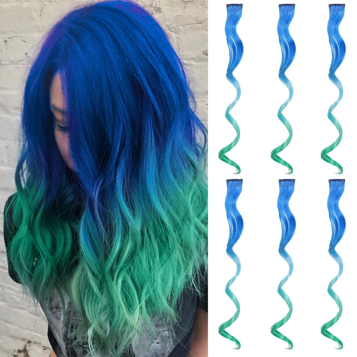 6PCS Ombre Clip In Hair Extensions Synthetic Body Wave Long Wavy Rainbow Highlight For Women Party Cosplay Festival Hair
