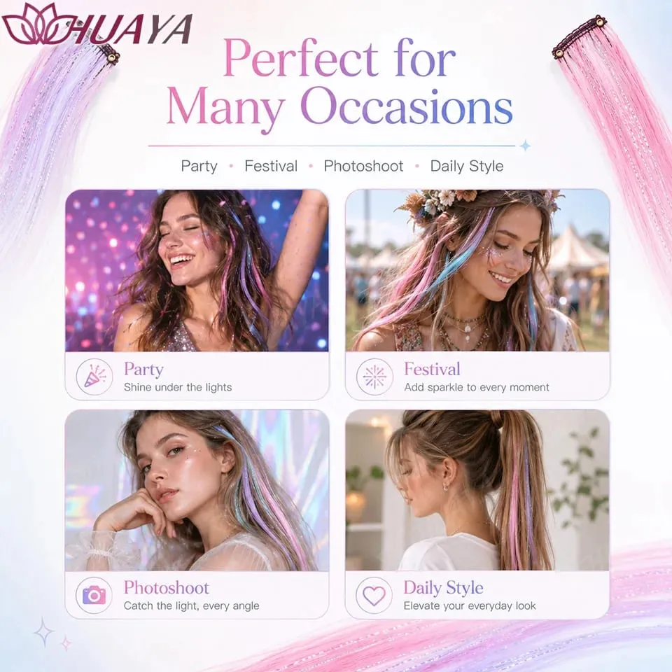 Synthetic Glitter Hair Tinsel Clip In Extensions for Women Girls Colorful Party Festival Cosplay Hair Accessories