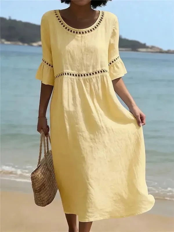 Summer Loose Beach Holiday Long Dress Women Casual Hollow Out Half Sleeve Vacation Sundress Boho Solid Color A-Line Maxi Dresses