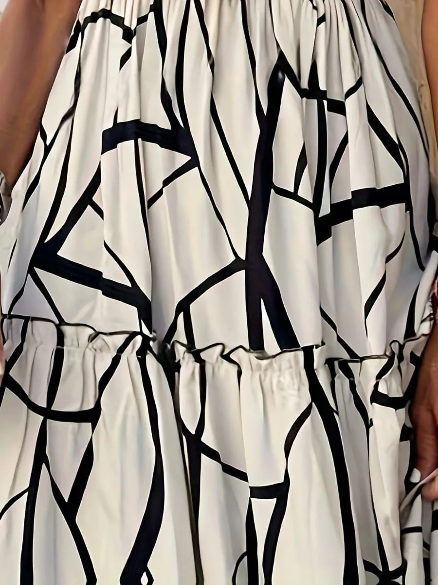 Women's Printed V-Neck Dress Short Sleeved Ruffle Design Long Skirt Leisure Elegant Beach Vacation Fashion