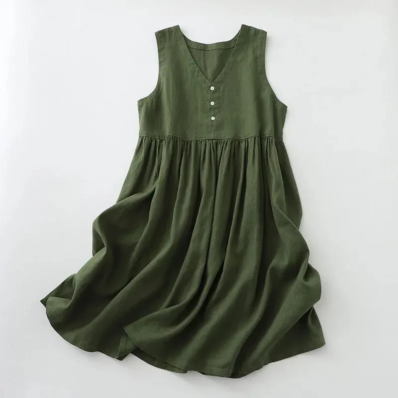 2026 Women's Cotton Linen Sleeveless Dress Casual Button Down Loose Midi Dresses for Summer Women's Casual Dresses Y2K Clothes
