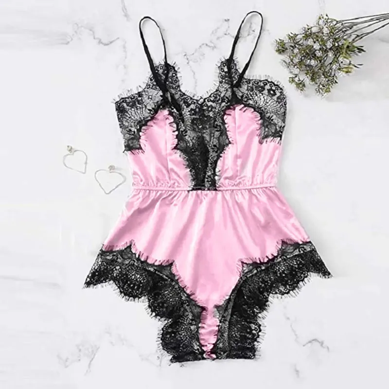 Women Sexy Lace Lingerie Bodysuit Home Wear Black Lace Pink Stain Suspenders Shorts Pajamas For Mature Sexy Ladies Nightwear
