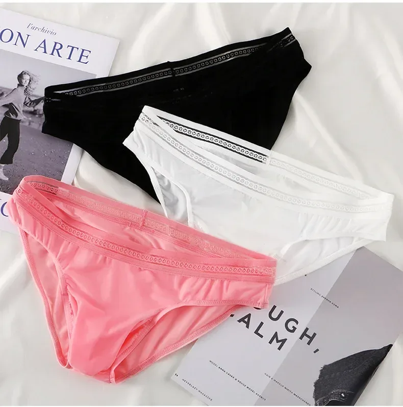1/3PCS Men's Ice Silk Briefs Ultra-thin Quick Dry High Elastic Lace Waistband Panties Sexy Seamless Breathable Bikini Underwear