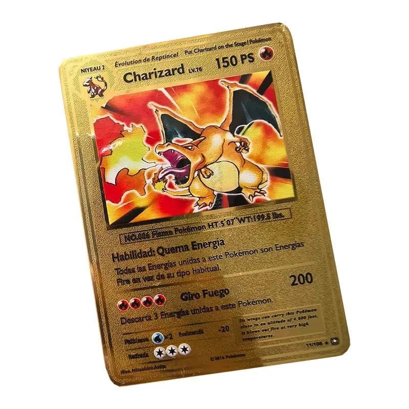 Pokemon Metal Cards in Spanish Pikachu Arceus Charizard DIY Trading Flash Card Anime Cartoon Gift