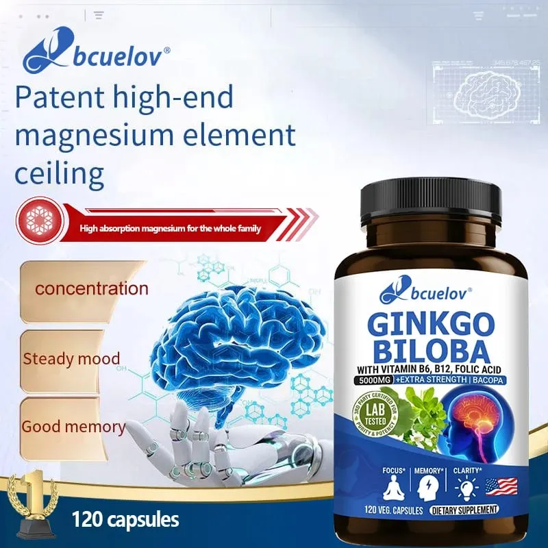 Ginkgo Biloba 5000mg Supplement - with Vitamin B6 B12 Folic Acid - Brain Memory Mental Clarity Alertness Energy Mood Support