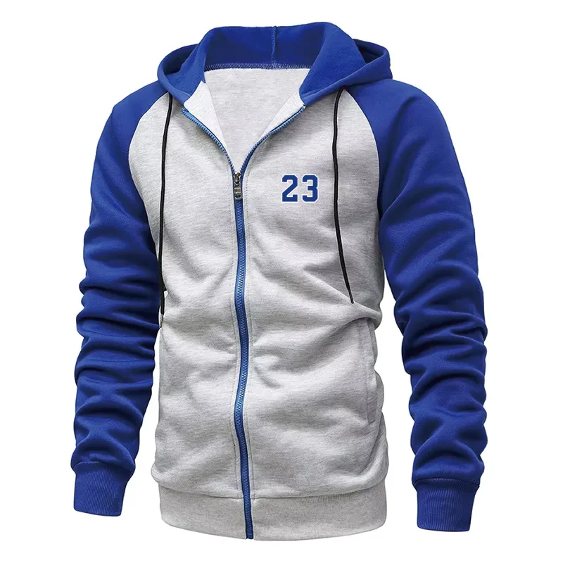 Men's Number 23 print Fleece Hoodies Long Sleeve Sweatshirt para sa Mga Lalaki Zipper Hooded Mens Fashion color blocking Sweatshirt