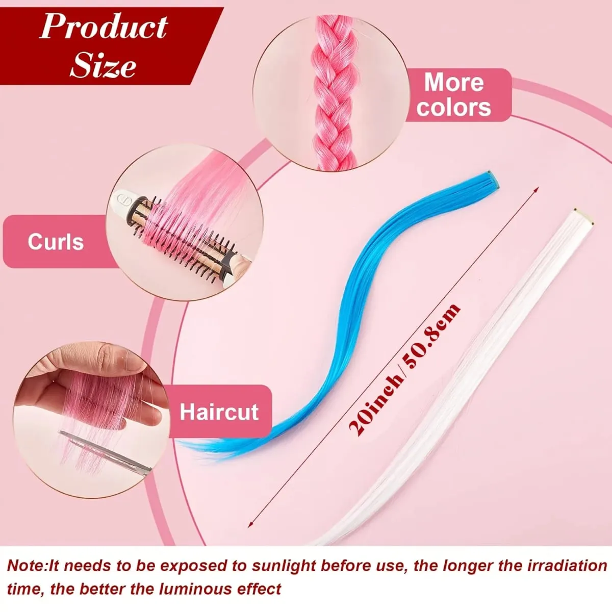 4-Pieces Synthetic Hair Extensions with Luminous Fluorescent Glow for Women - Clip-In Smooth & Soft Easy to Wear for Parties