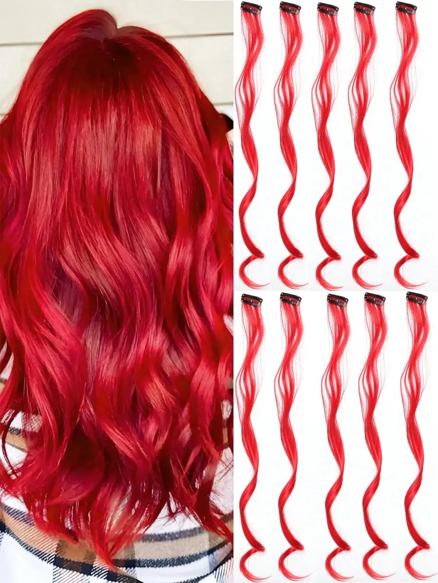 10pcs Colorful Hair Extensions Curly One Clip in Synthetic Long Hairpiece For Girls Women Multi-colors Party Highlights WigPiece
