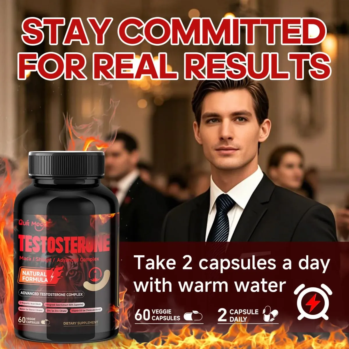 Quit Mood Men's Testosterone Capsules | 100mg Maca & 50mg Shilajit & More | Hormone Balance & Stamina Enhancer – 60 Capsules