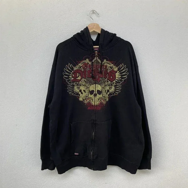Mens Zip Up Hoodie Dark Blue Wings Print Unique Graphic Y2K Streetwear American Urban Pullover Youth Clothing Hooded Sweatshirt