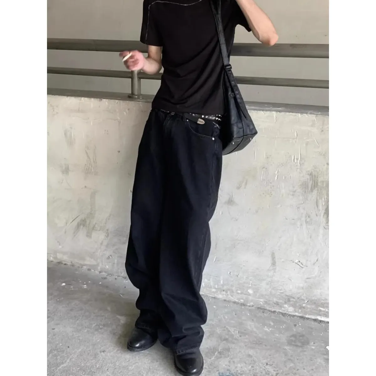Estilo retro americano bordado preto original jeans masculino solto perna reta jeans juventude moda algodão mistura de poliéster