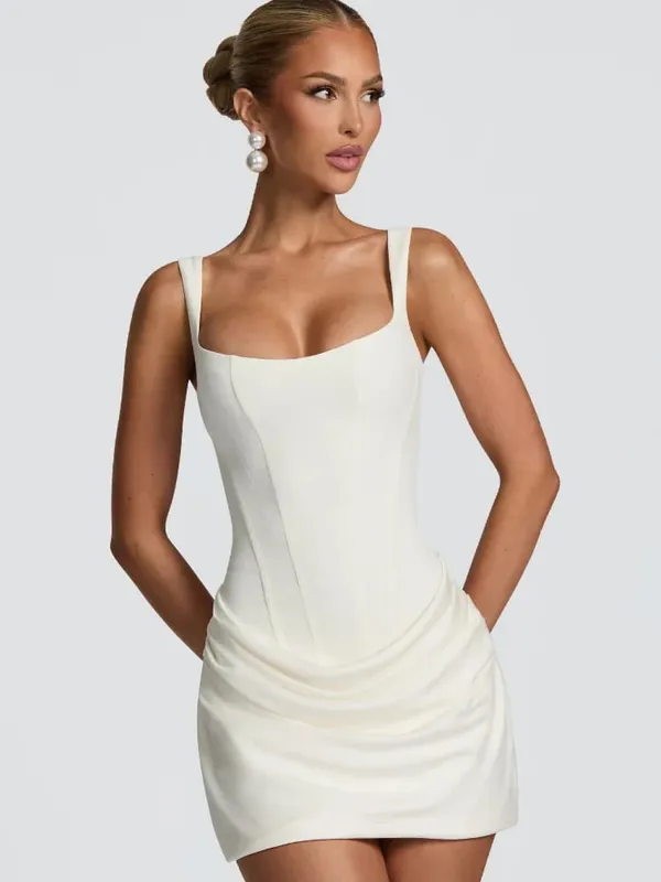 Brown Wide Strap Pleated Hem Dresses Women's Sexy Sleeveless Slim Fit Chic Mini Gown 2025 New Lady Summer Holiday Party Vestidos