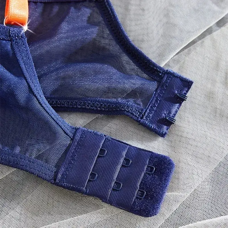 Kadın İç Giyim Lacivert Şeffaf Örgü İç Giyim Çelik Yüzükler Sütyen Turuncu Yay Thongs 2 Adet Seksi İç Giyim Kontrast Renk Intimates