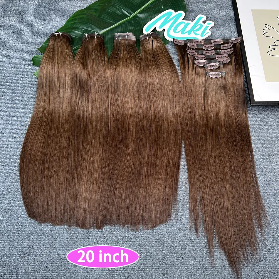 #2 Färg Rak Clip ins Human Hair Extensions 100 Gram 7 Styck/Set Seamless PU Weft Clips i vietnamesiska 100% Raw Virgin Hair