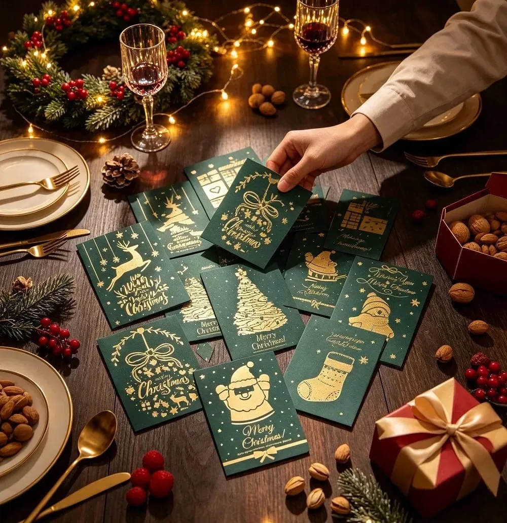 10Pcs Vintage Gold Foil Christmas Folding Greeting Cards Multi Pattern Blessing Holiday Cards New Year Postcard Gift Cards