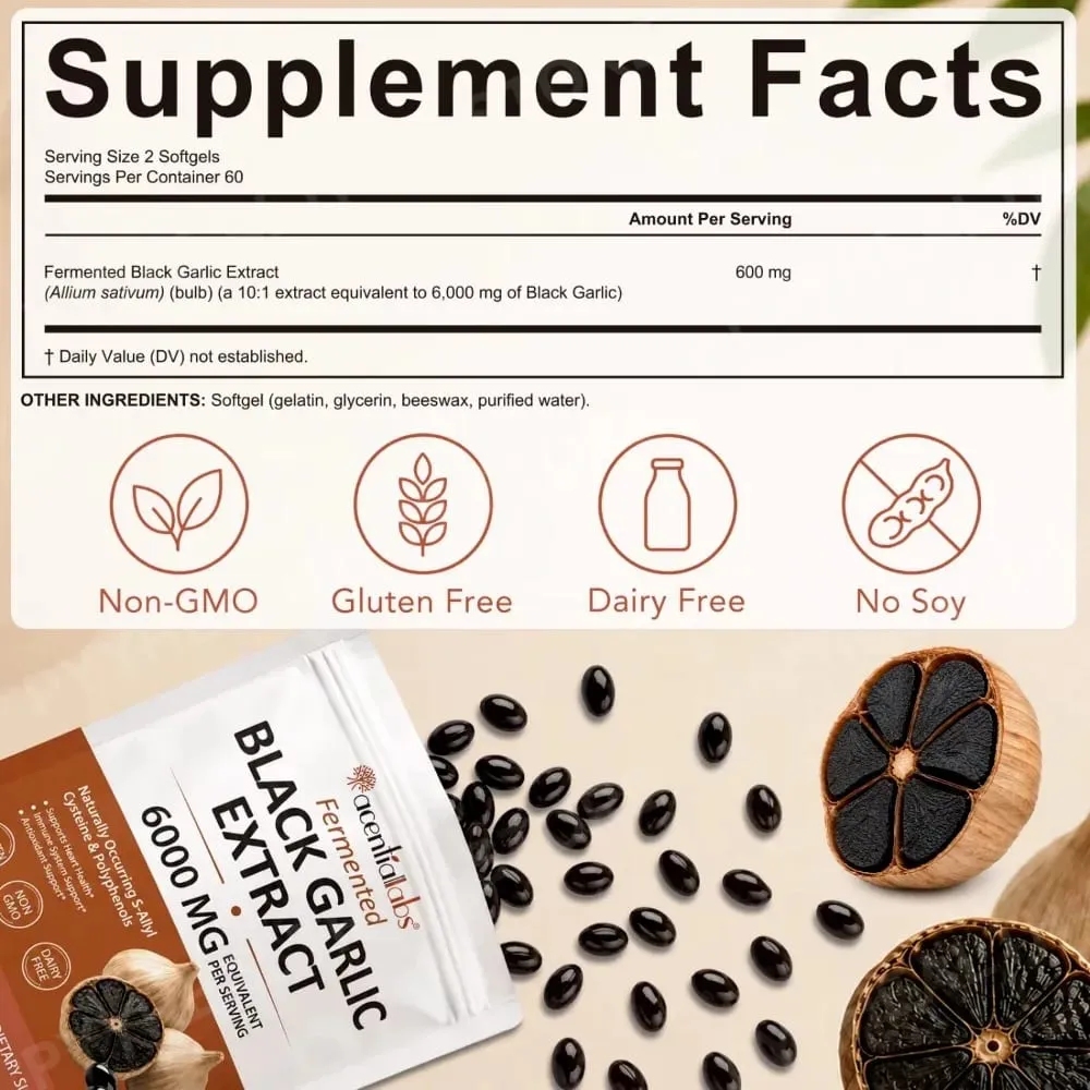 Black Garlic Extract Softgels 600mg 10:1 Concentrate for Heart Wellness Immune Support Digestive Balance Vitality 120 Count