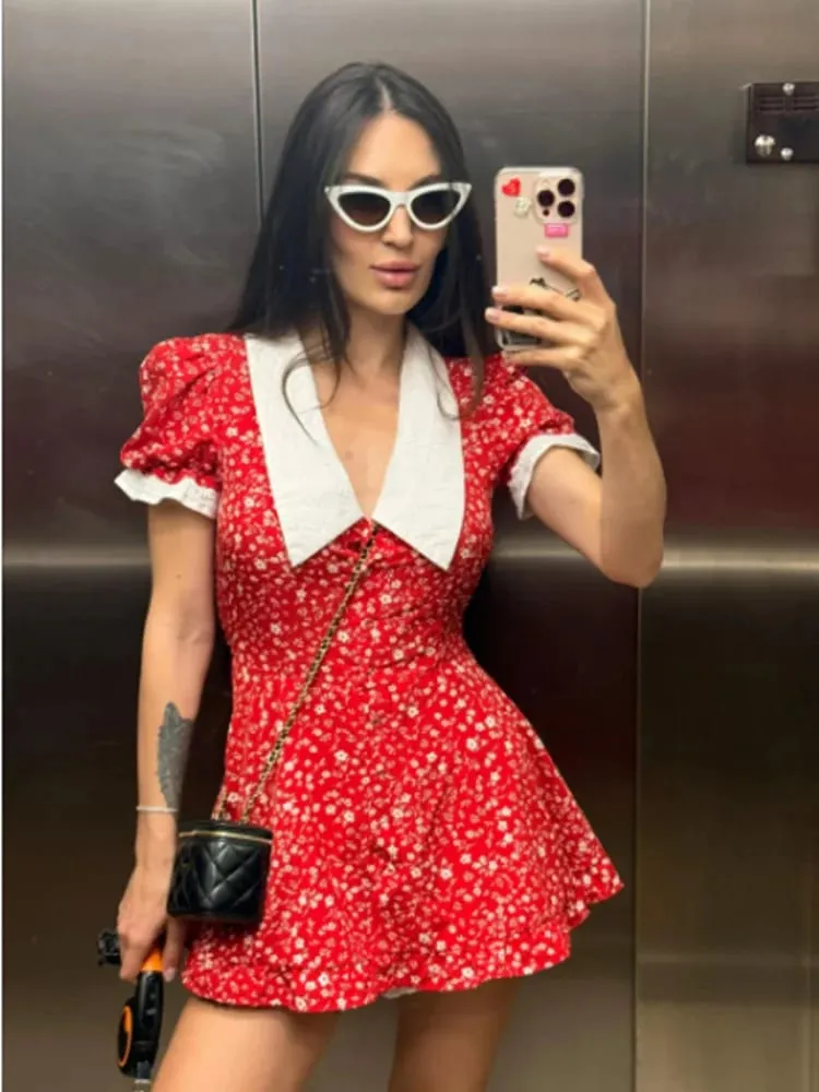 Red Floral Print Peter Pan Collar Women Summer Dress Puff Sleeve V Neck A-line Mini Dresses 2026 Lady Weekend Getaway Vestidos — image 1