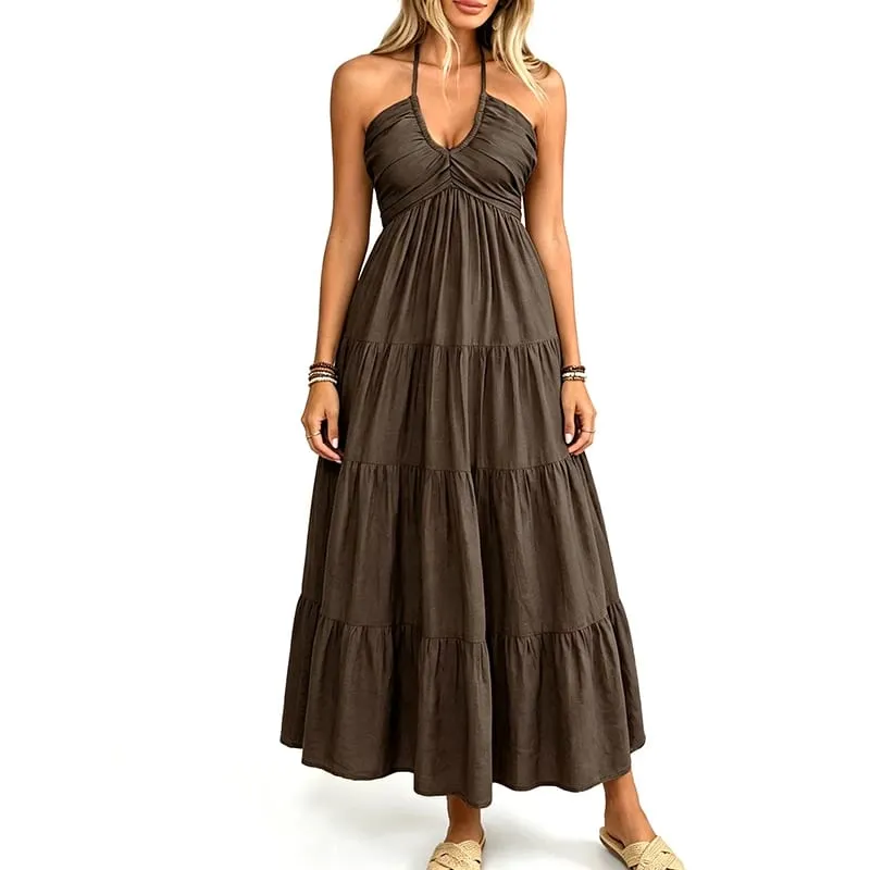Women Summer Halter Long Maxi Dress Sleeveless V‑Neck Tiered Ruffle Sundress Casual Loose Flowy Beach Vacation Long Dresses