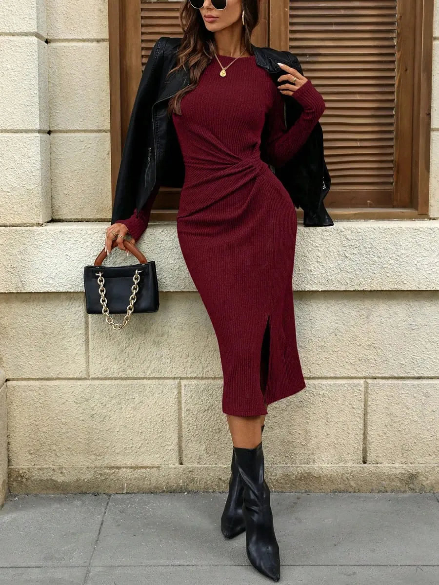 Women's Solid Color Round Neck Belted Slit Hem Midi Dress Casual Long Sleeve Shift Office Autumn