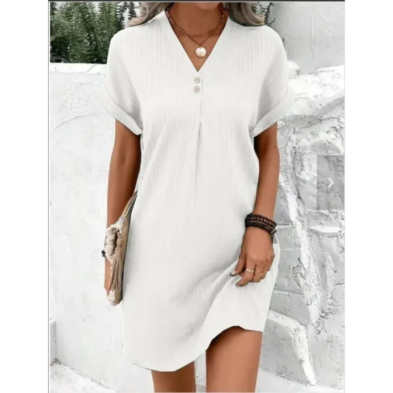 Women's Summer Solid Color Simple Short-Sleeve V-Neck Shirt Dress Comfortable Casual Elegant Loose-Fit Dress with Button Desig