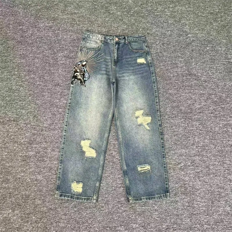 Nặng Thêu Hoa Derschutze Quần Jean Nam Nam Nữ 1:1 Chất Lượng Tốt Nhất Vintage Derschutze Nữ Chân Thẳng Quần Denim