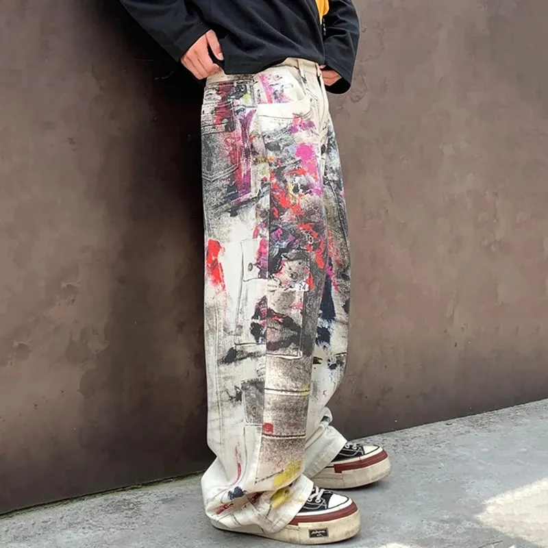 Edgy Men's Splatter Paint Jeans Black White Print Wide Leg Baggy Fit Distressed Streetwear Premium Denim Pants 9X2984