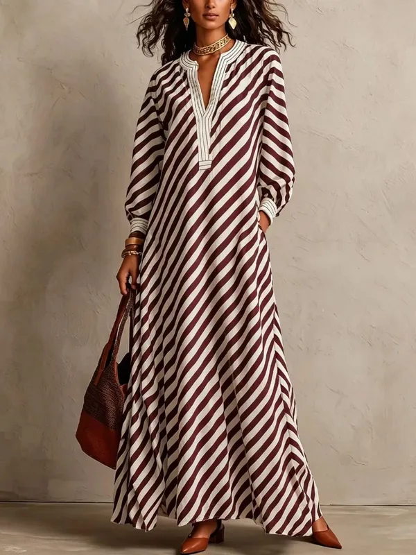 Fashion Stripe Print Maxi Dress 2026 Autumn Winter Women V‑Neck Long Sleeve Loose Casual Long Dresses Holiday Beach Boho Dress