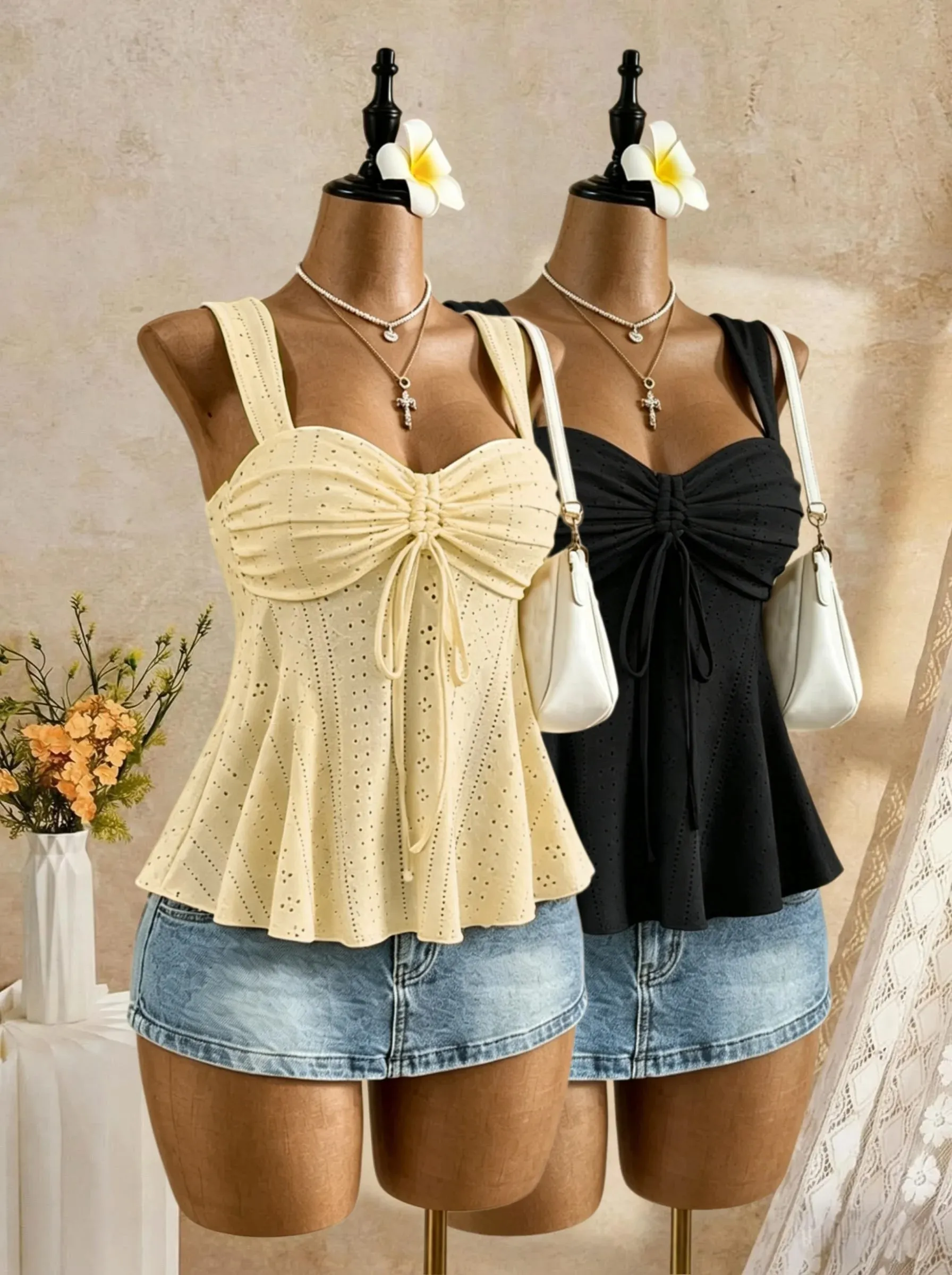 Women Sweetheart Neck Drawstring Ruched Peplum Cami Top Polka Dot Print Sleeveless Casual Camisole Outfit