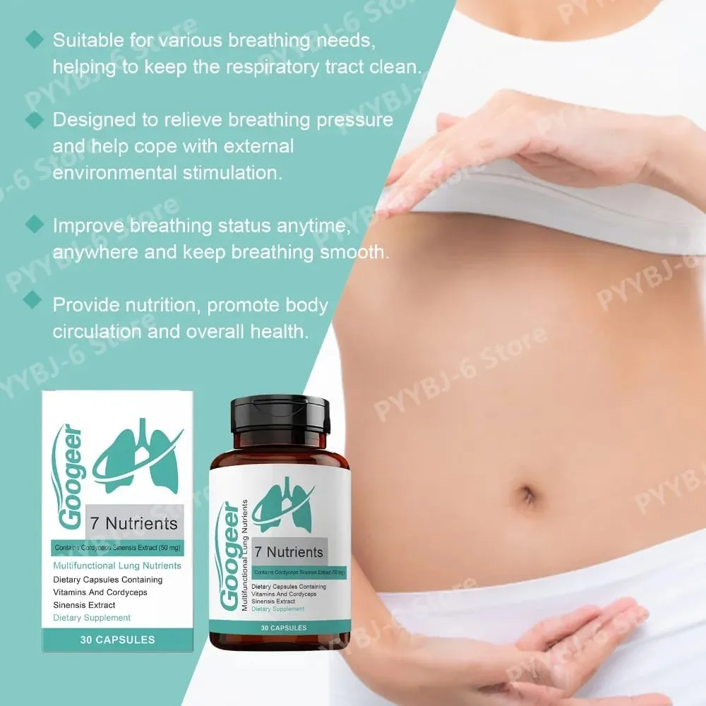 Googeer 7 Nutrients Lung Nutrition Capsules with Cordyceps Sinensis Extract &Vitamins Daily Respiratory Wellness Supplement 30Ct