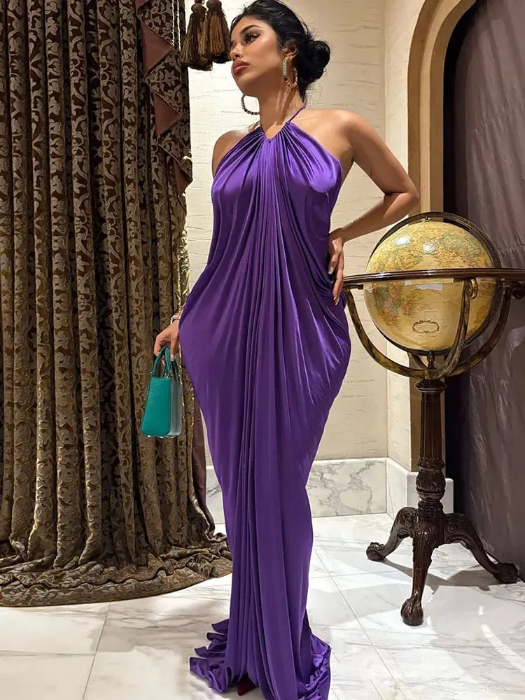 Weird Puss Elegant Ruched Halter Dress Woman Sexy Sleeveless Summer Trend Silky Skinny Gown Robe Vacation Banquet Party Vestidos