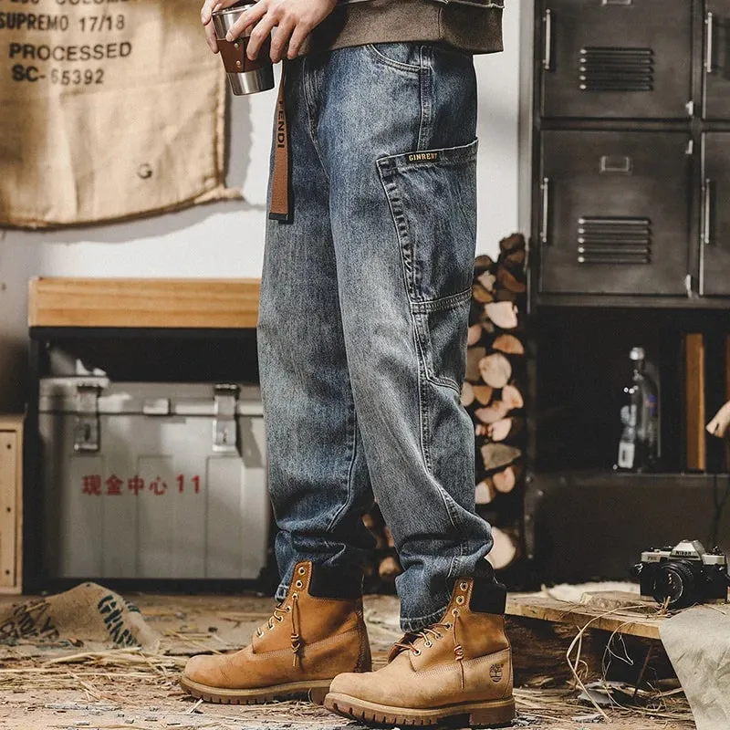 American Retro Jeans Men Autumn High StreetinsTrendy Cargo Pants Men Loose Fit Plus Size Straight Wide-Leg Pants