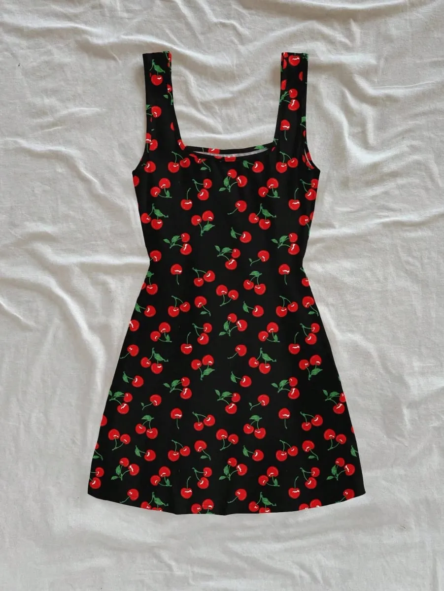Women's Sexy Vacation Style U-Neck Cherry Print Open Back Side Slit Mini Dress for Spring/Summer