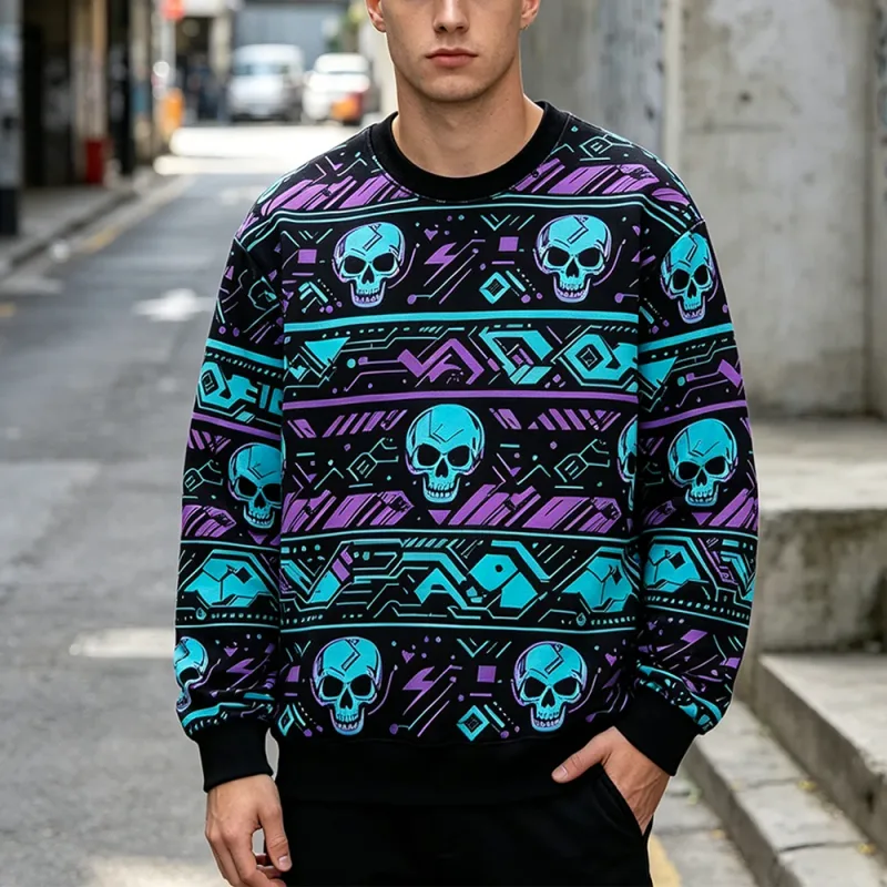 Gothic Style Skeleton Rose Print Sweatshirt Men's Retro Casual Crew Neck Pullover Clothes Harajuku Hip‑hop Street Fashion Tops