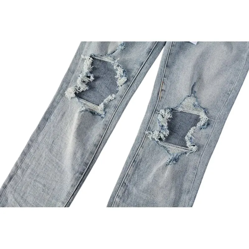 Men's Large Knee Ripped Slim Tapered Jeans Vintage Light Blue Wash Frayed Edges Button Fly High Street Style